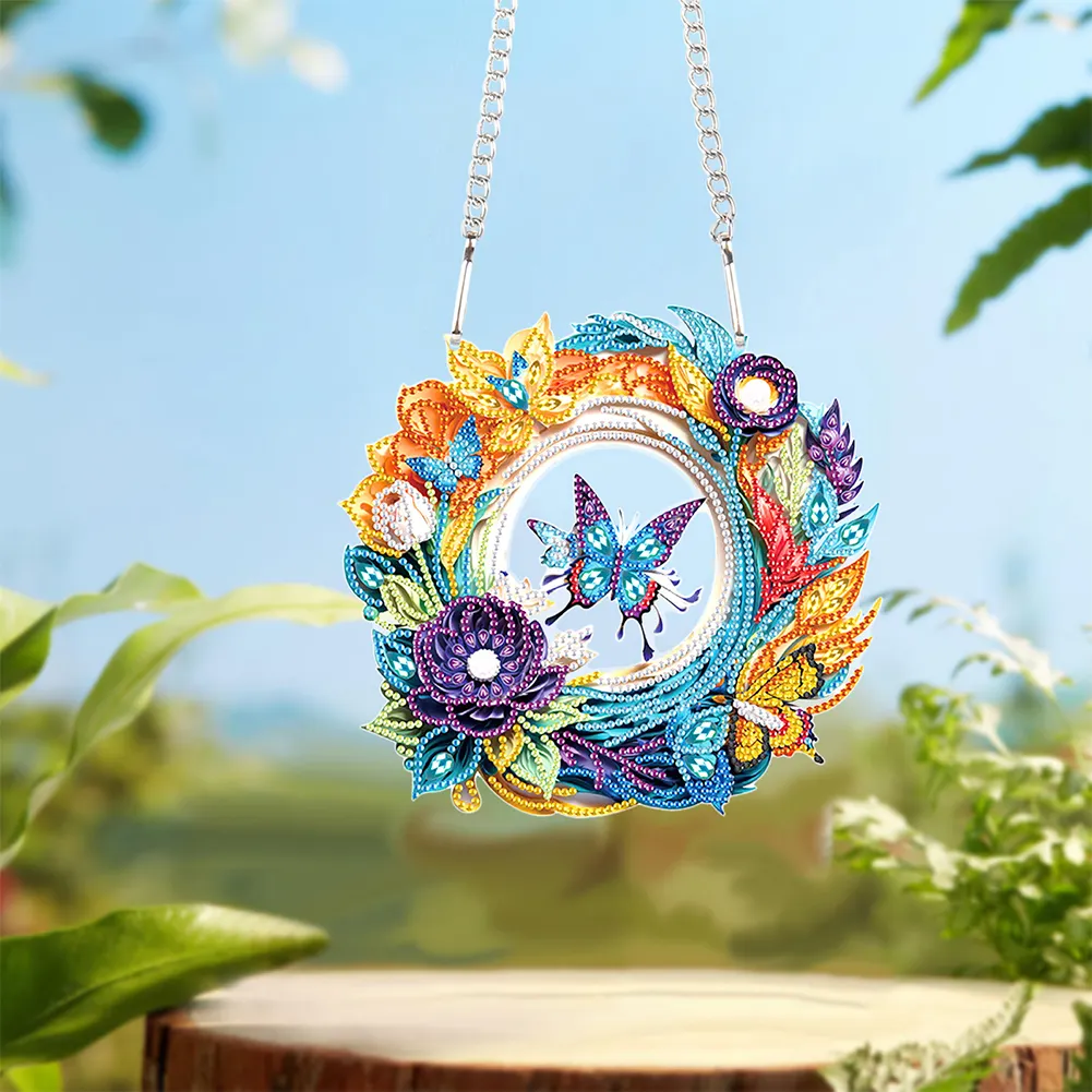 DIY Flower Butterfly Acrylic Special Shaped+Round Diamond Painting Wreath Ornament for Xmas Wall Decor