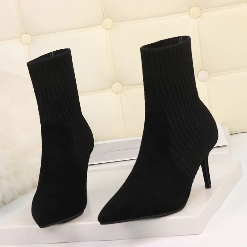 2021 Winter Sock Boots Sexy Knitting Stretch Boots High Heels for Women Fashion Shoes Female Stripe Autumn Ankle Boots Booties