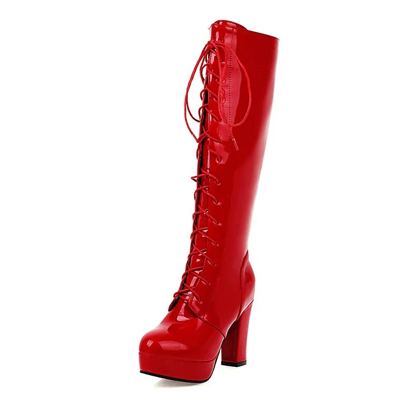 Gdgydh 2020 Patent Leather Women Knee-High Boots Red Wedding Boots Lace-up Round Toe Thich High Heels Female Boots Plus Size 48