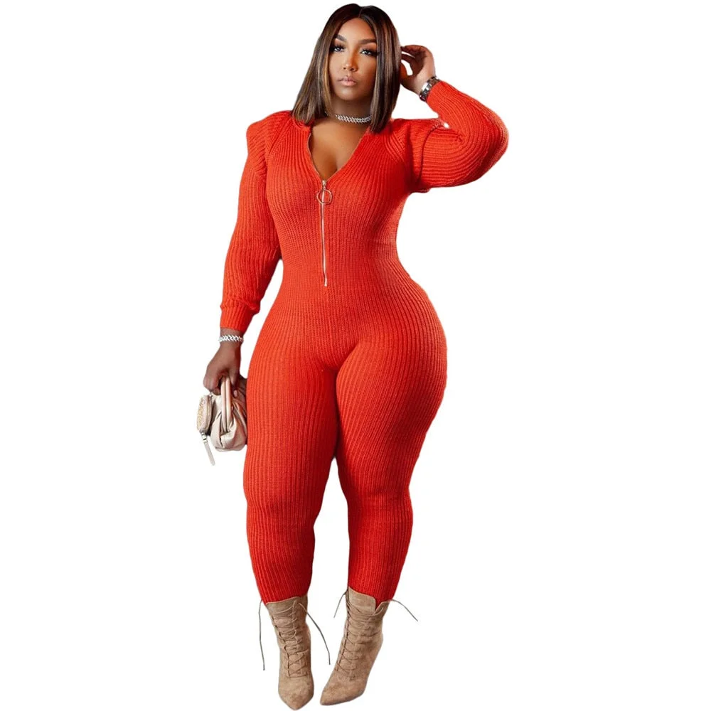Knitted Jumpsuit Women 4xl Plus Size One Piece Outfit Hoodies Zip Up Bodycon Fashion Street  Bodysuit New Wholesale Dropshipping