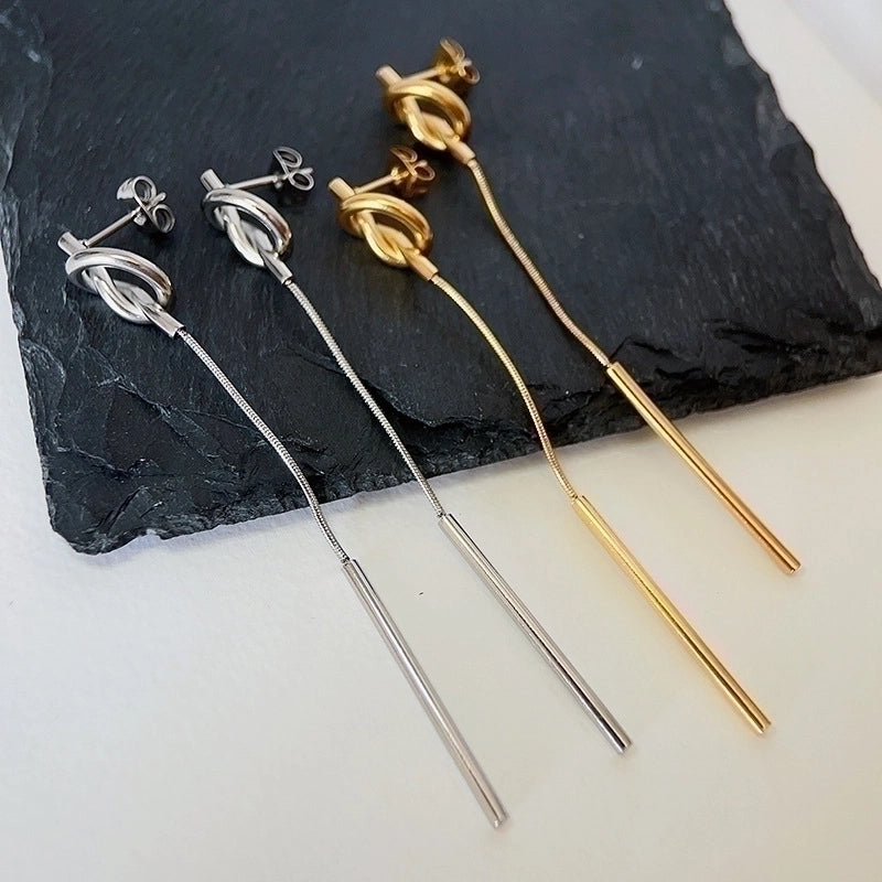 1 Pair Minimalist Solid Color Tassel Plating Titanium Steel 18k Gold Plated Drop Earrings