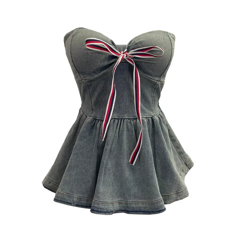Churchf Real Shot With Chest Cushion Denim Sling Vest With Bow Hanging Neck Short Twiping Boat Blouse Woman 2611