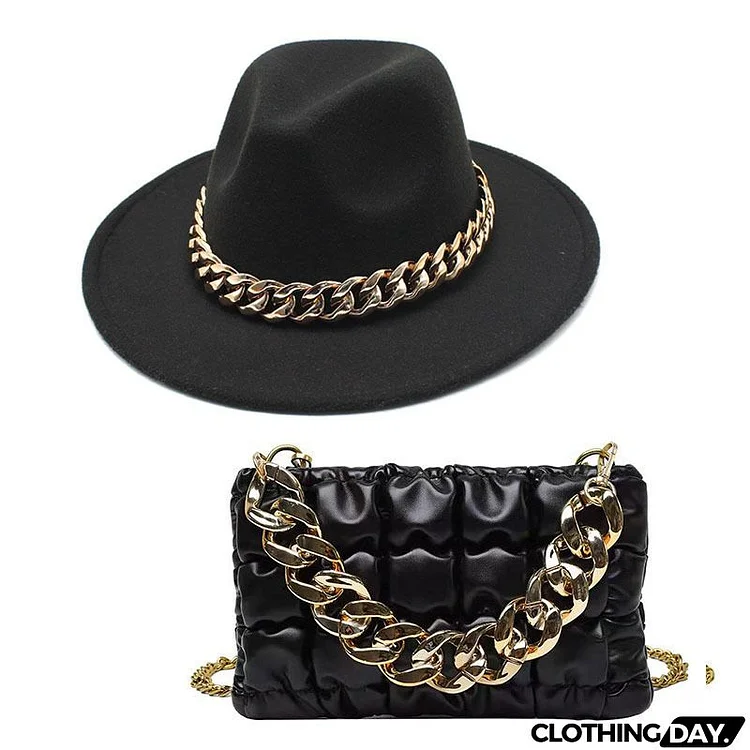 Fashion Gold Acrylic Chain Messenger Bag With Jazz Hat Two-Piece Set