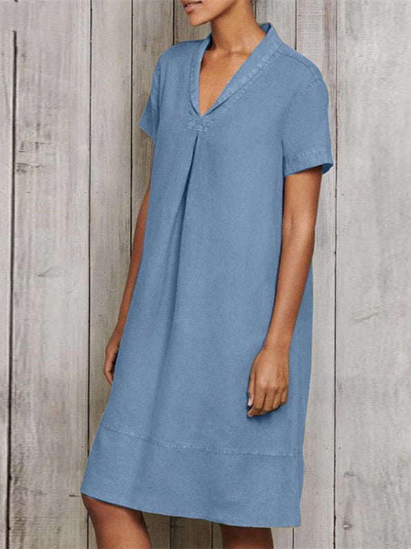 Women Short Sleeve V-neck Soild Midi Dress