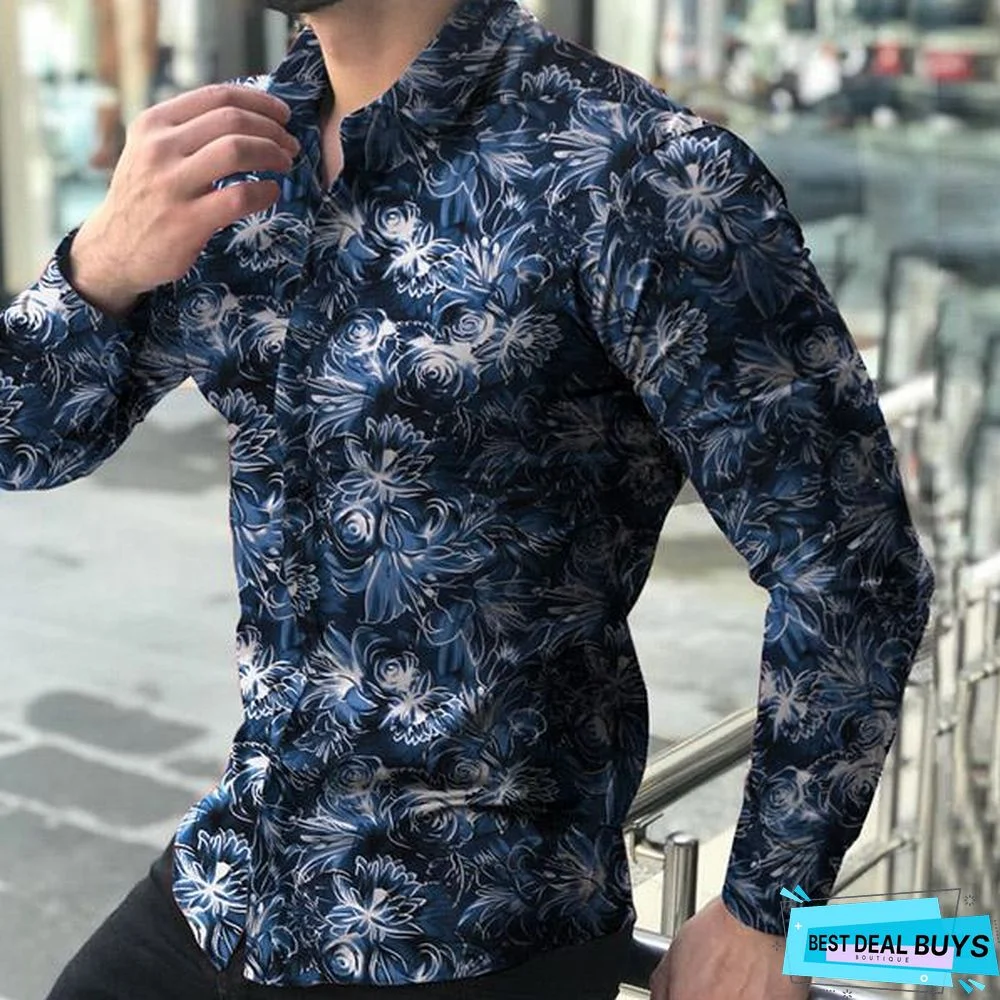 Men Casual Fashion Printed Long Sleeve Turndown Collar Shirts
