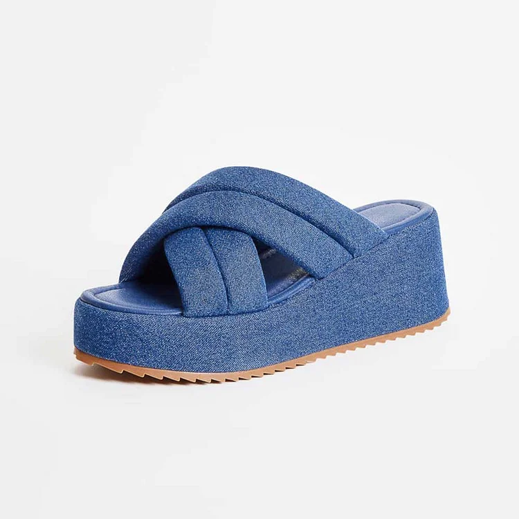 Blue Denim Slide Sandals Open Toe Wedge Platform Mules for Women |FSJ Shoes