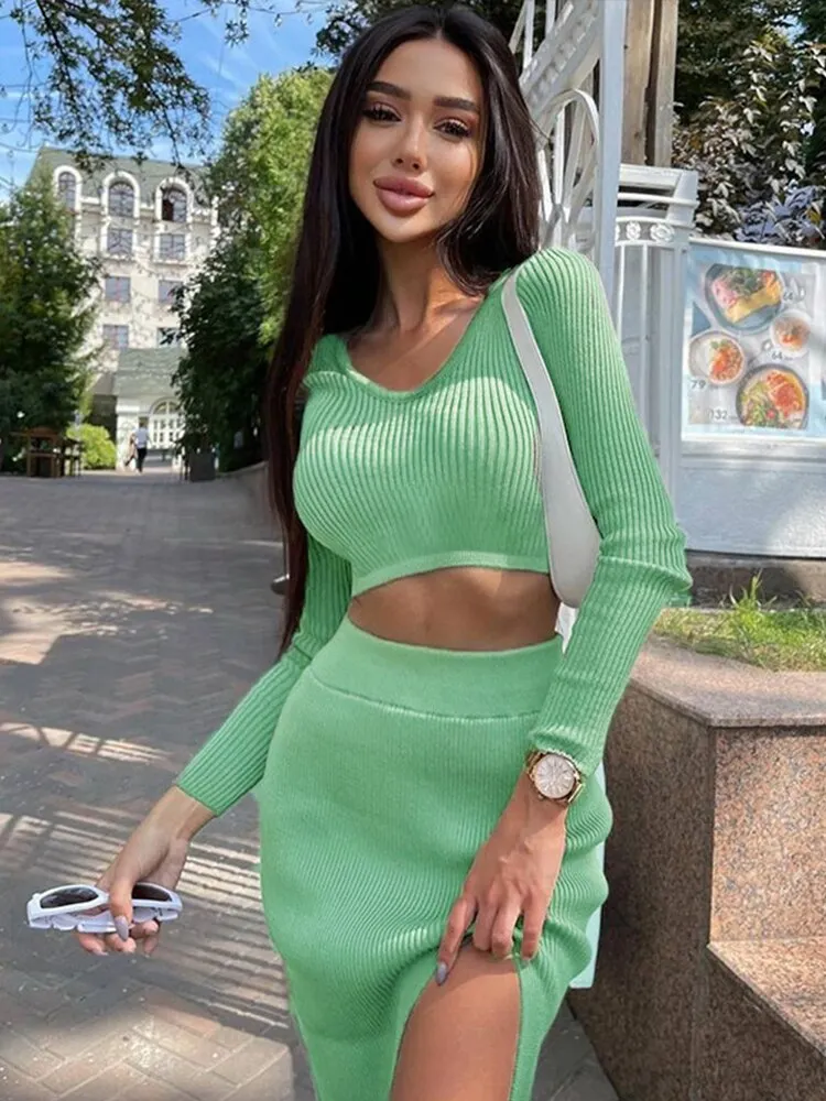 WannaThis Knit Two Piece Women Sets O Neck Slim Top Ankle Length Side Split Skirt Streetwear Fall Lady Elegant Sexy Skirt Suits