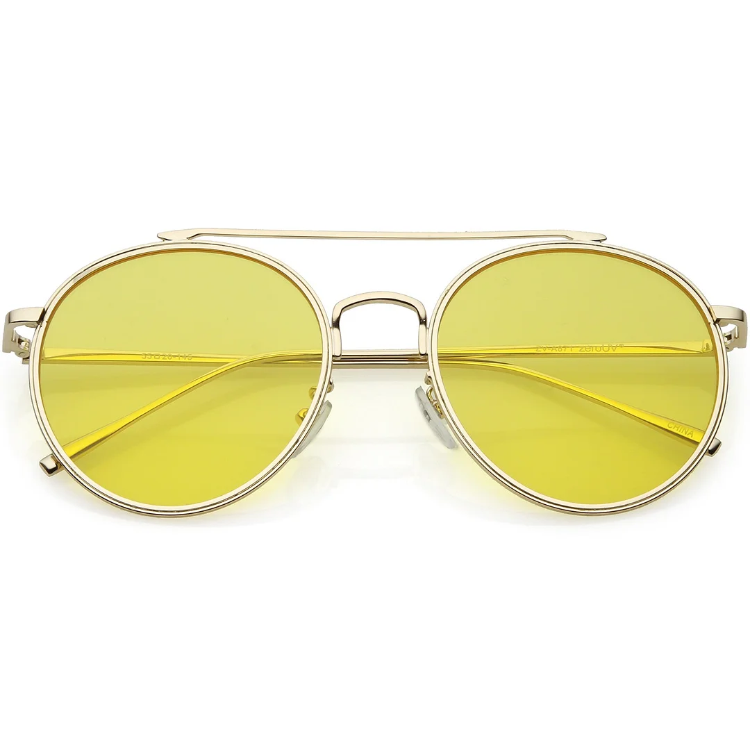 Modern Metal Crossbar Slim Temple Colored Flat Lens Round Aviator glasses 54mm