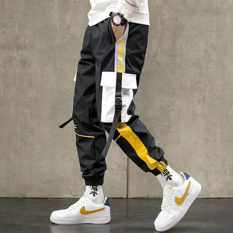 Aonga Streetwear Men Black Joggers Pants  Mens Big Pockets Ribbons Hiphop Cargo Pants Male Overalls Sweatpants Men Clothes aonga