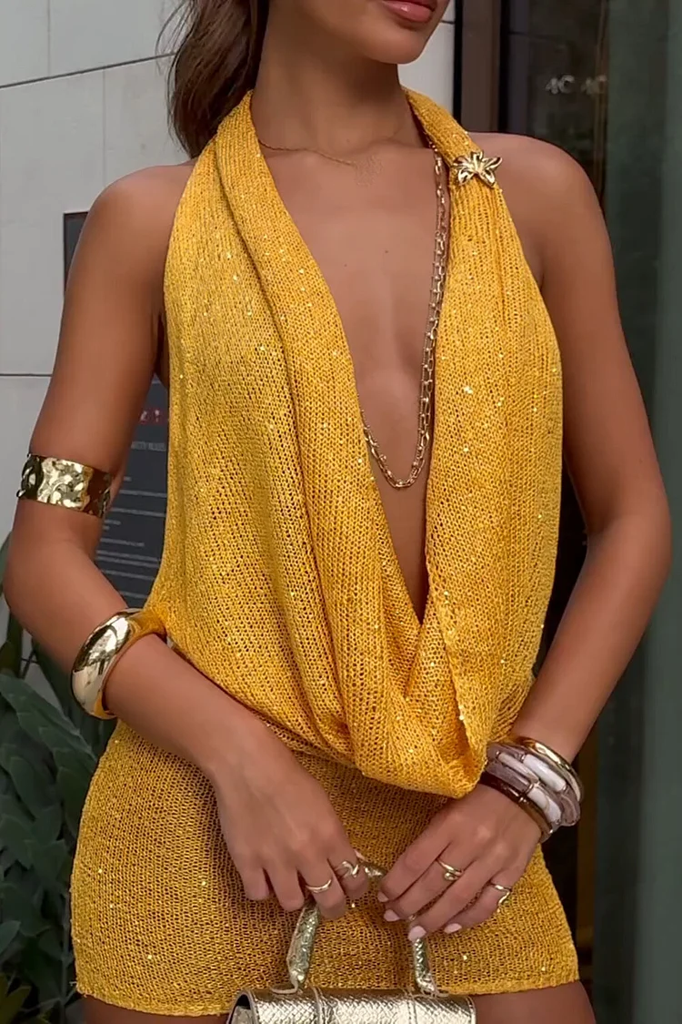 Shimmering Knit Draped Design Halter Fitted Mini Dresses-Yellow [Pre Order]