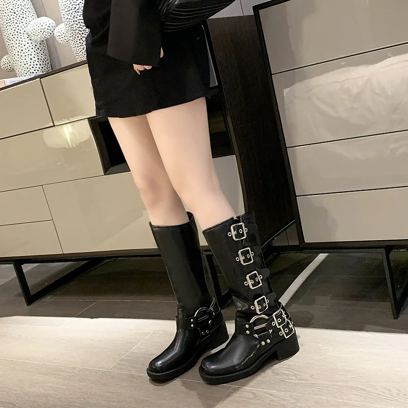 Yyvonne Boots Knee High Platfrom Studded Spring Summer Knight Combat Gothic Elegant Medium Heel Women's Shoes Motorcycle Footwear