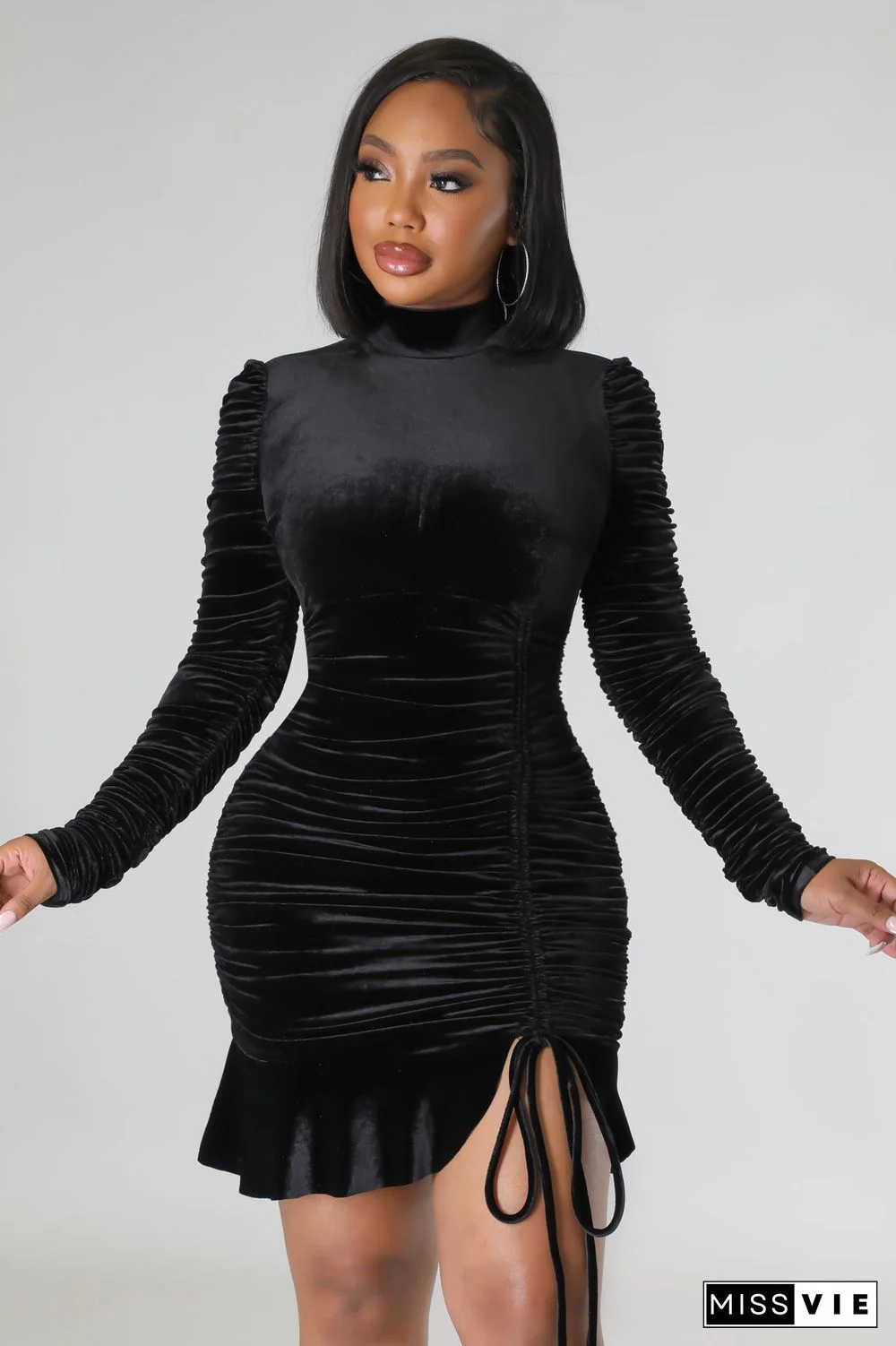 Long Sleeve Drawstring Ruched Winter Dress