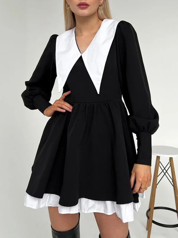 Tiered Pleated Contrast Color Loose Long Sleeves Peter Pan Collar Mini Dresses