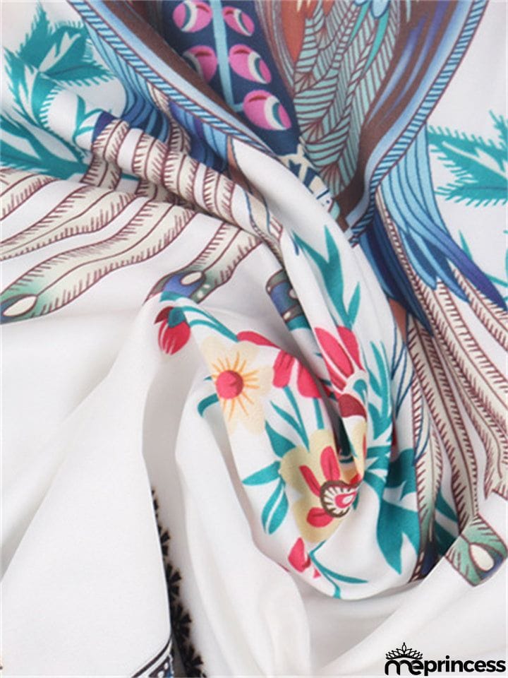 Distinctive Retro Style Printed Round Neck Long Lantern Sleeve Blouse