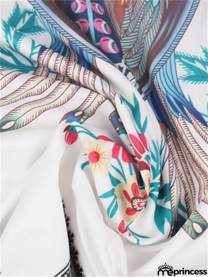 Distinctive Retro Style Printed Round Neck Long Lantern Sleeve Blouse