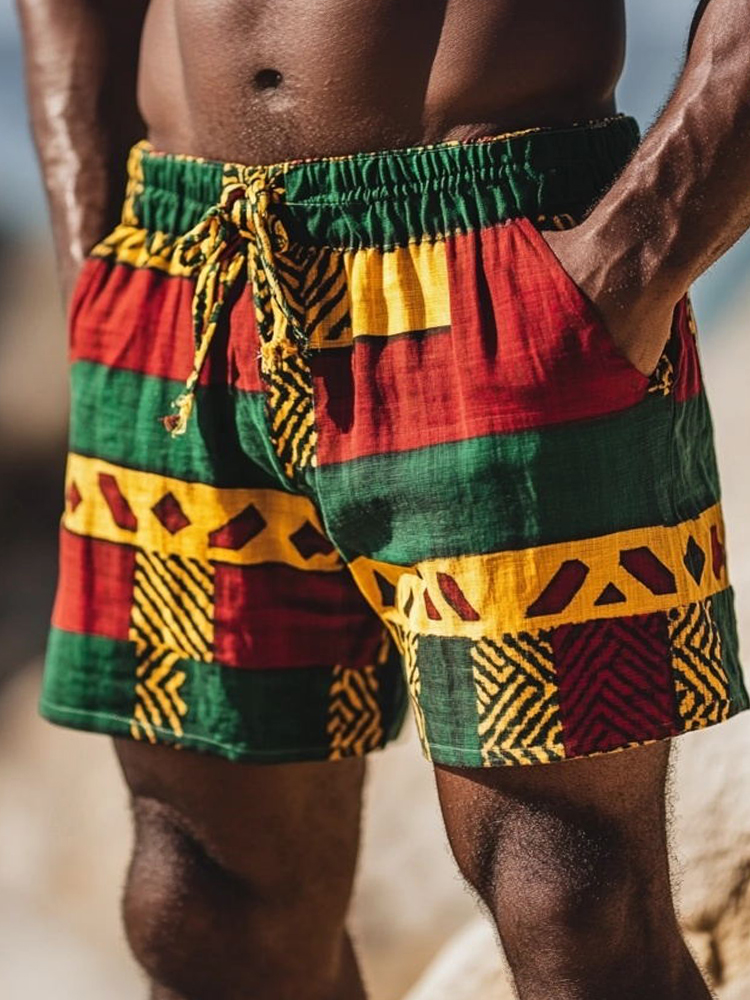 Men's African Ethnic Kente Print Contrast Color Linen Shorts