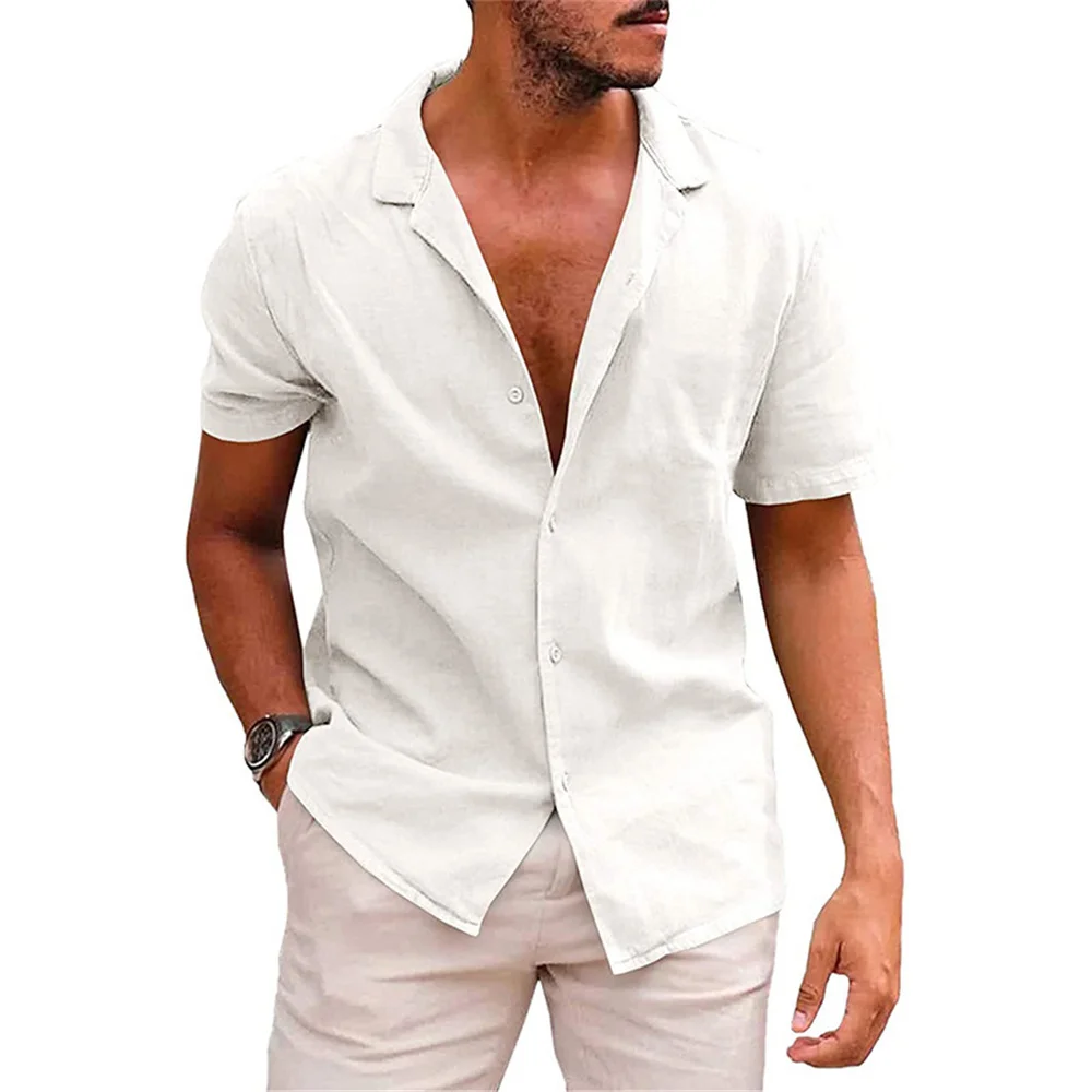 Casual Lapel Collar Loose Short Sleeve Cotton Linen Shirt
