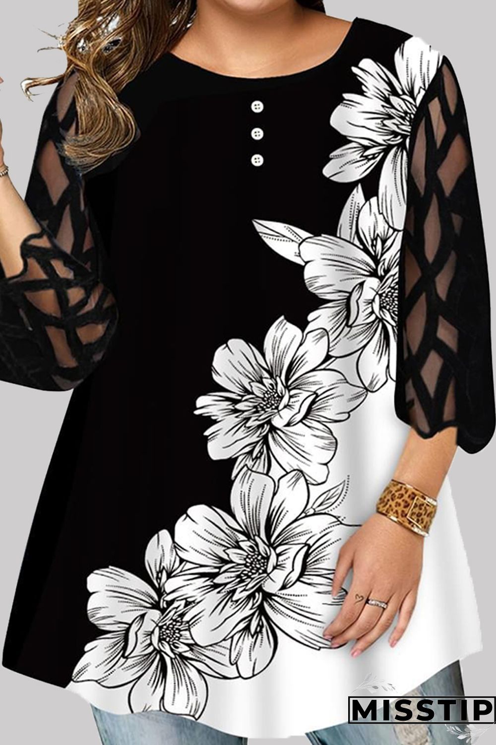 Black Casual Print Patchwork O Neck Plus Size Tops