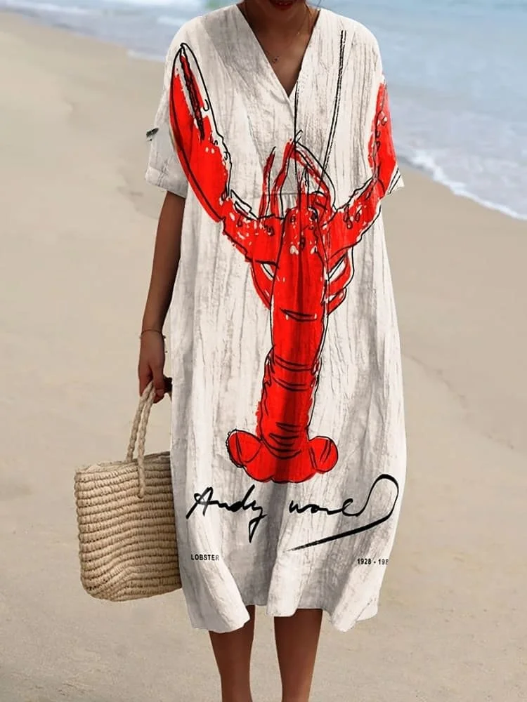 Women's Vintage Lobster Art Print Flowy Dress