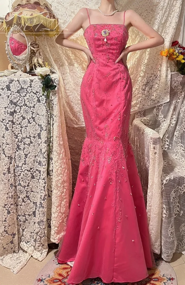 Pink Beaded Floral Elegant Long Satin Ball Gown Evening Dress Party Dress Bridesmaid Dresses
