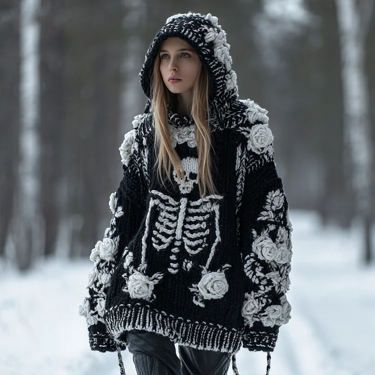 Women's Vintage Three-dimensional White Rose Casual Warm Hooded Sweater