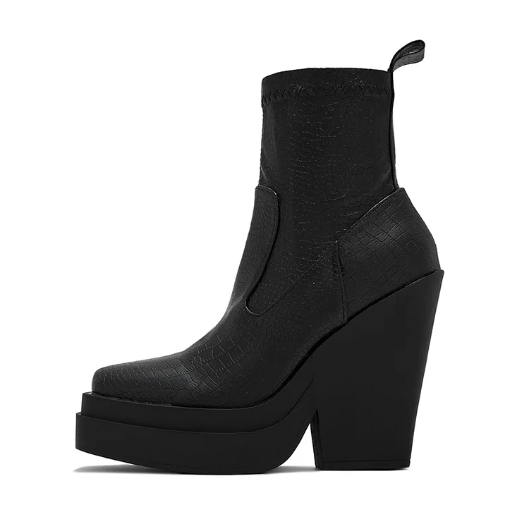 Classic Black Square Toe Croco Embossed Block Heel Ankle Boots |FSJ Shoes