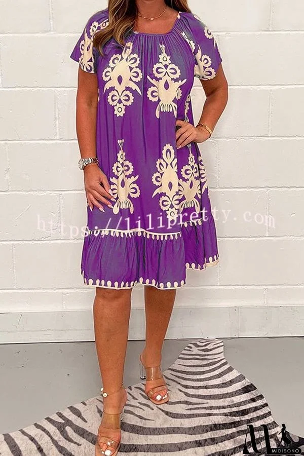 MidiSono - Geometric Pattern Multi Print Square Neck Dress