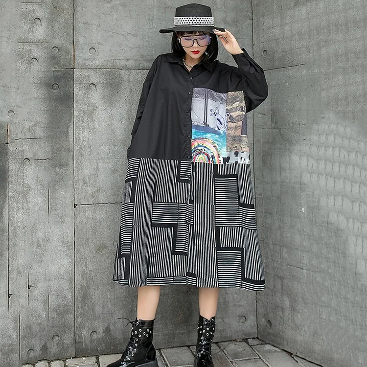 Modern Lapel Cartoon Illustration Printed Patchwork Striped Long Sleeve Dress