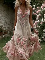 Bohemian Flower Design Women's Linen Suspender Dress