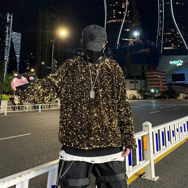 Woherb Twinkling Colors Sequins Men's Hoodies Sweatshirts Reflective Loose Hip-Hop Pullovers Singer Team Stage Christmas Party Tops