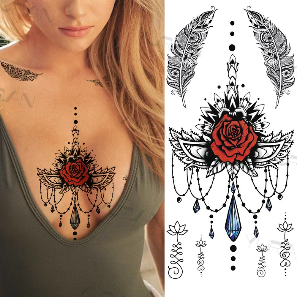 Sdrawing Catcher Rose Flower Temporary Tattoos For Women Adult Henna Moon Feather Owl Fake Tatoos Realistic Sexy Chest Tattoo Paste