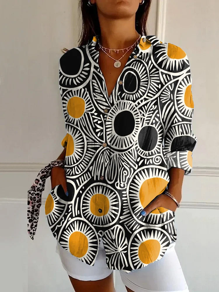 Vintage Colorful Roundness Abstract Art Print Casual Long-sleeved Shirt