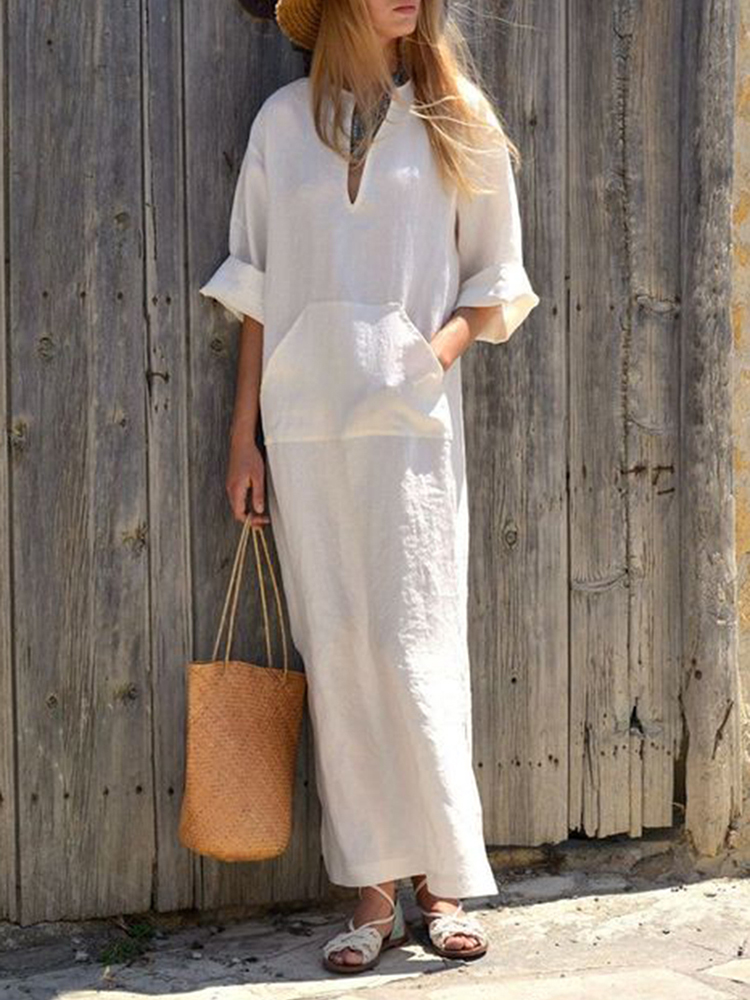 Comstylish Vintage V Neck Pocket Linen Cotton Comfy Maxi Dress