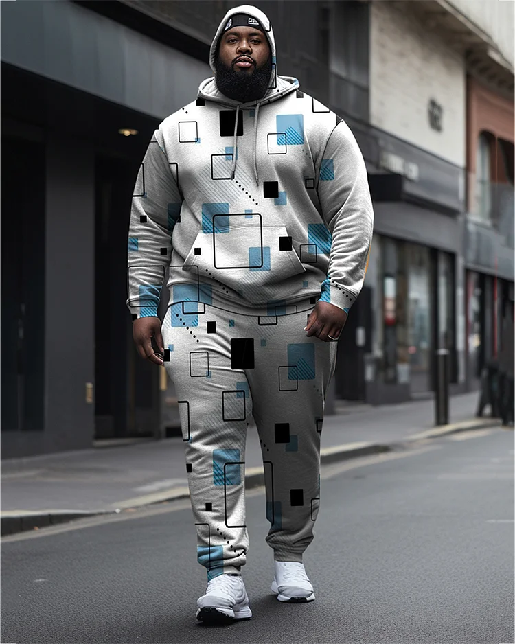Men's Plus Size Square Diamond Casual Hoodie and Sweatpants Two Piece Set