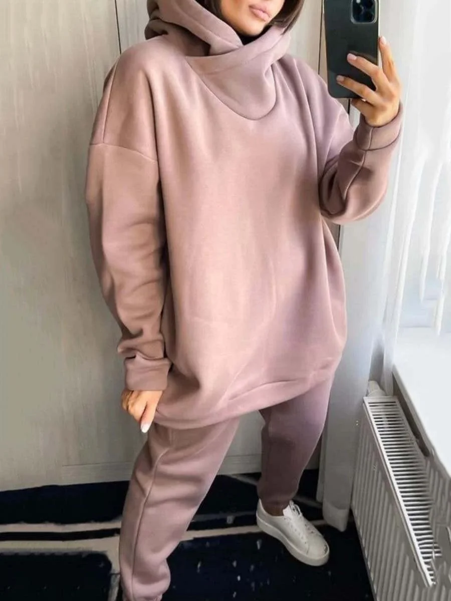 Two-piece suit of solid color casual hoodie and sweatpants