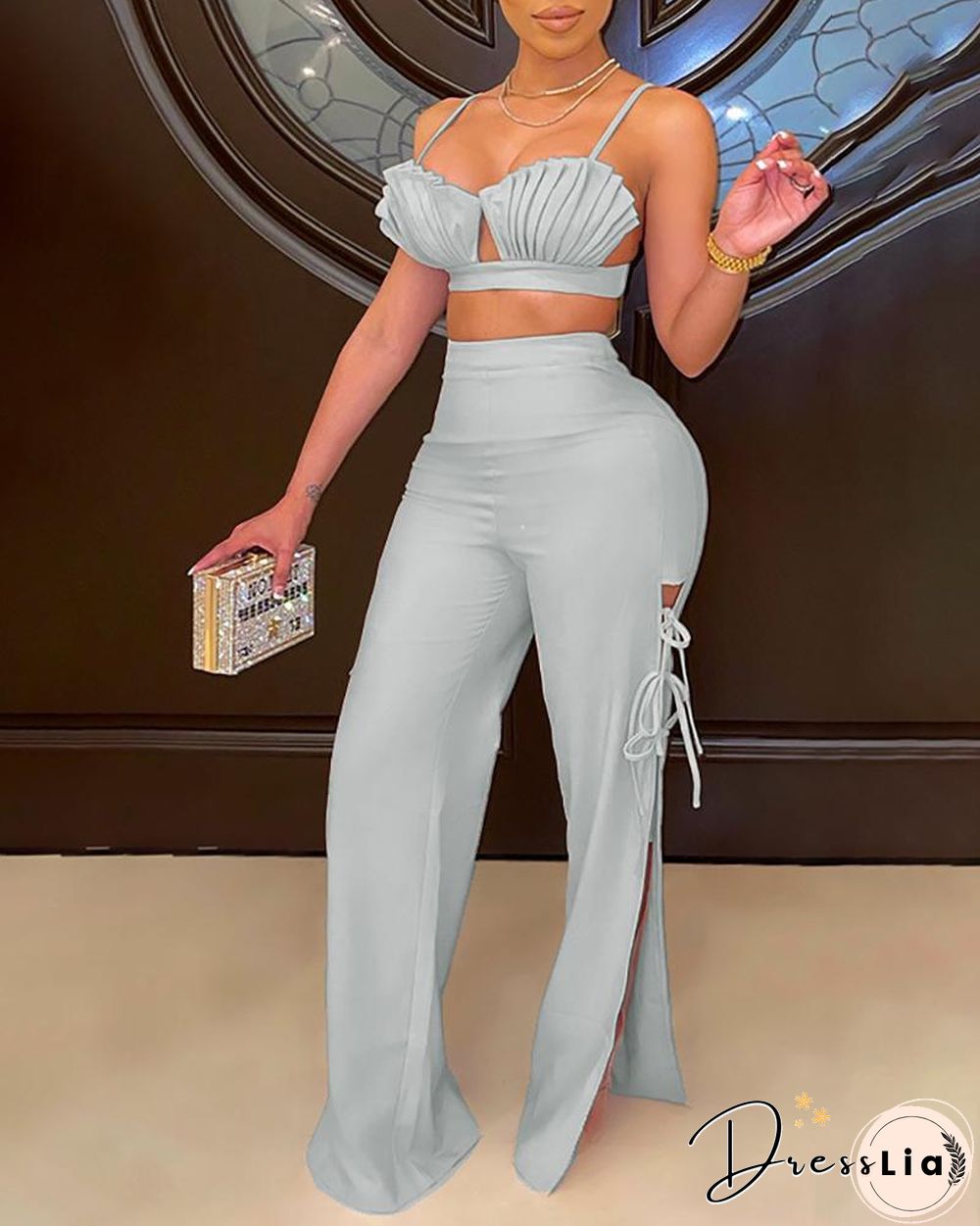 Ruched Crop Top & Tied Detail Slit Pants Set