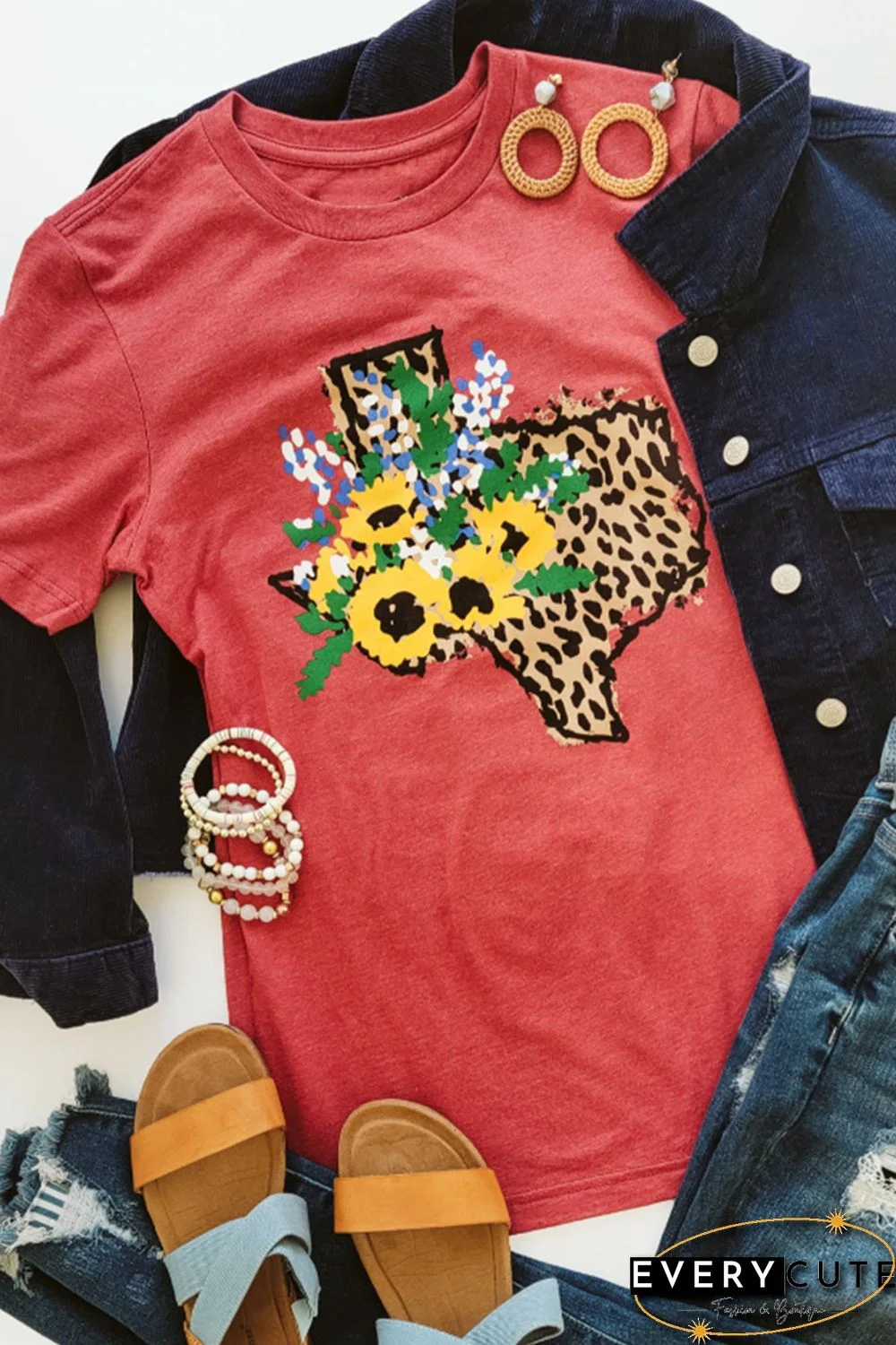 Red Leopard Sunflower Texas Print Graphic T Shirt