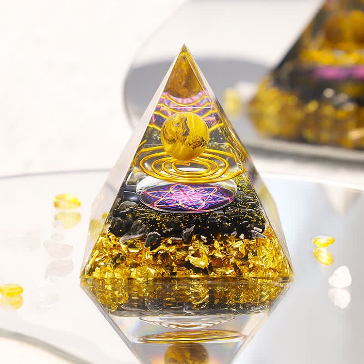 Tiger Eye Sphere Metatron's Cube Orgone Pyramid