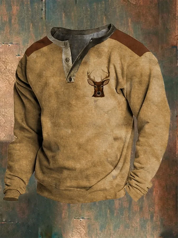 Men's Vintage Western Buttoned Henley Sweatshirt