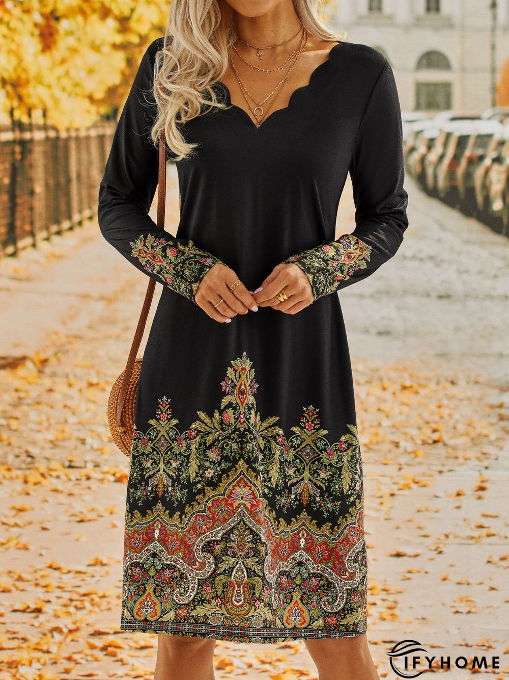 Long Sleeve Casual Printed Dress | IFYHOME