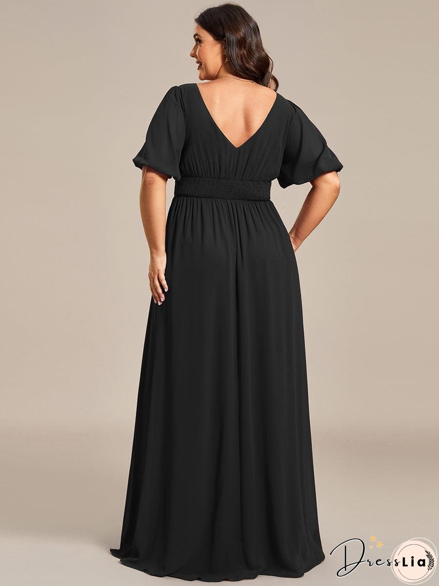 Elegant Deep V-Neck A-Line Bridesmaid Dress with Half Puff Sleeves