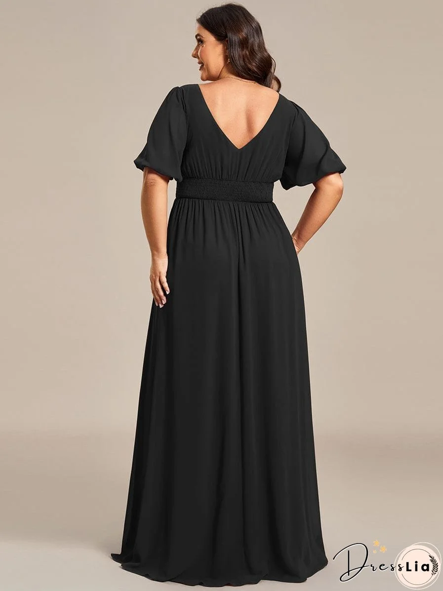 Elegant Deep V-Neck A-Line Bridesmaid Dress with Half Puff Sleeves