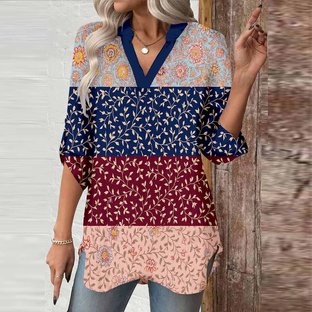 Women Floral, Polka Dot, Blue, Red DZGA0342 3/4 Sleeve V-neck Printed Graphic Button Tops