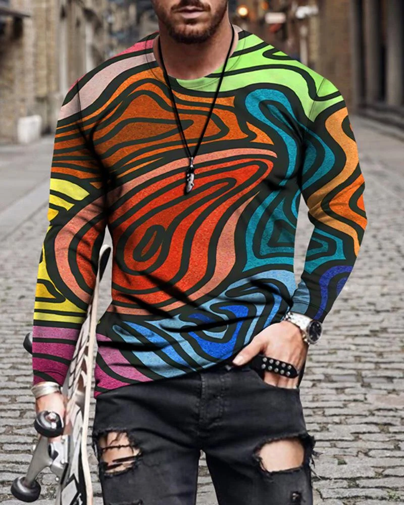 Men's Striped Printed Long Sleeve T-shirt