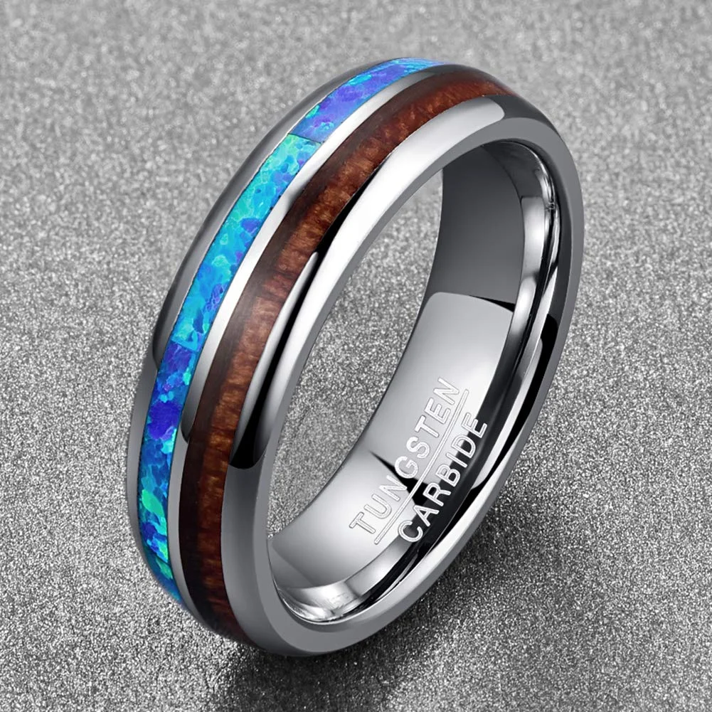 6MM 8MM Hawaiian Koa Wood and Blue Opal Inlay Tungsten Carbide Ring Mens Womens Domed Wedding Band Comfort Fit Couple Rings