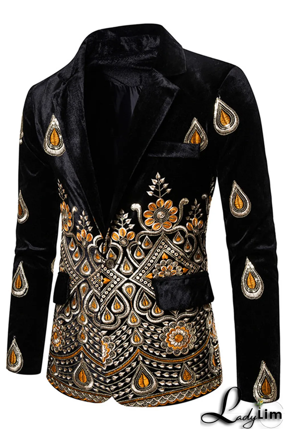 Burgundy Fashion Embroidery Split Joint Buttons Turn-back Collar Outerwear