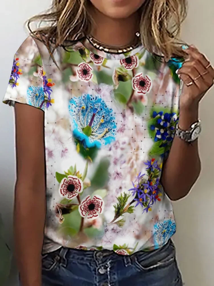 Printed Short Sleeve Casual T-shirt for  Women and Men Unisex Pattern Floral, Blue, Pink