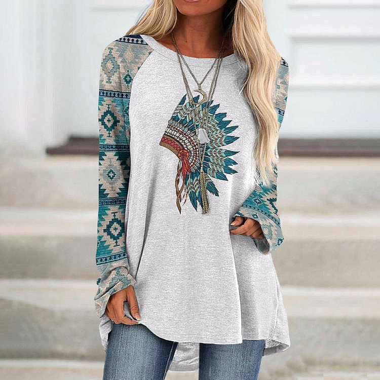 Artwishers Western Style Printed Long-Sleeved Loose T-Shirt