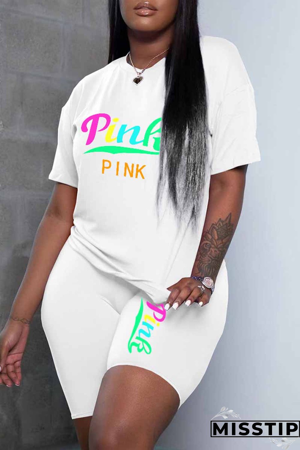 Grey Casual Print Letter O Neck Short Sleeve Two Pieces