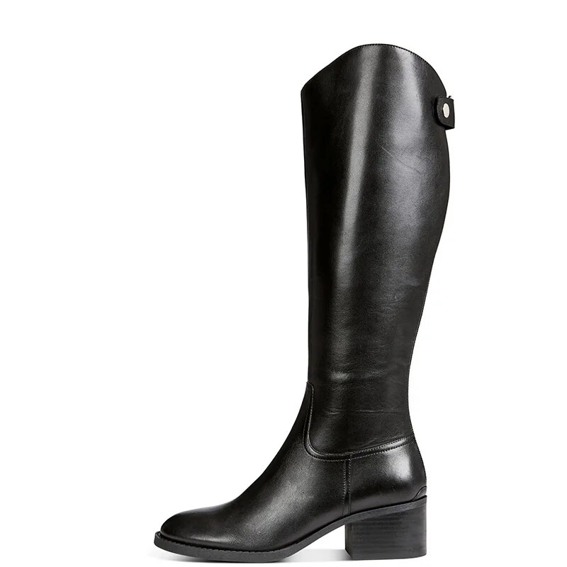 TAAFO Black Knee Long Riding Boots High Chunky Heels Women Round Toe Zipper  Ladies Shoes